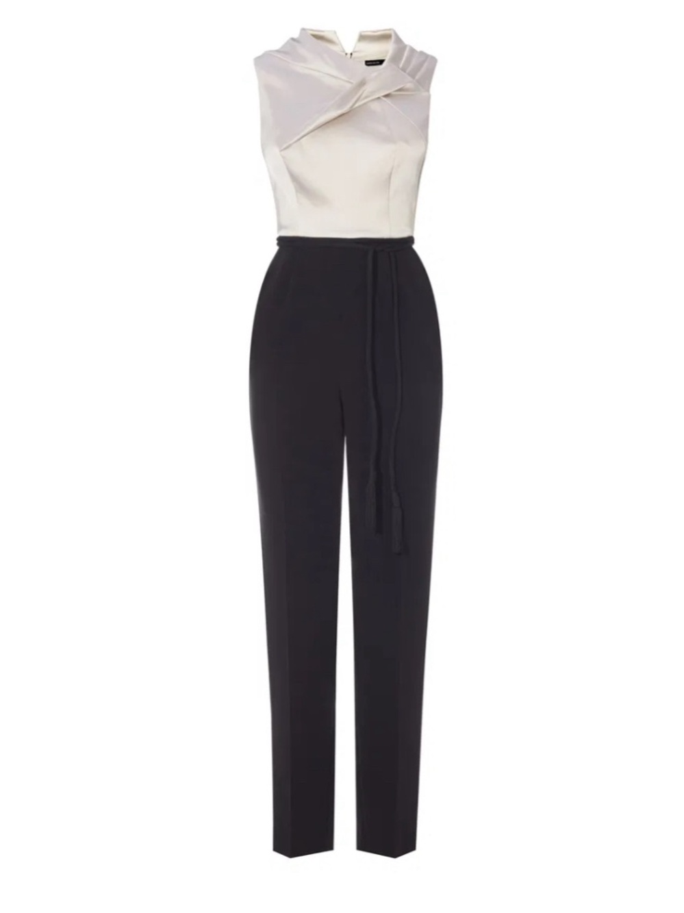 Sleeveless Two-Tone Jumpsuit with Draped Ivory Top and Black Trousers